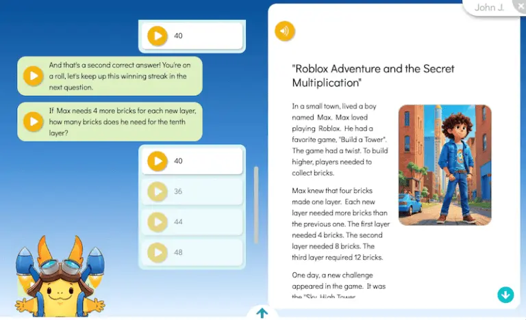 Screenshot showing comprehension questions on the left and a Choice Math story on the right.