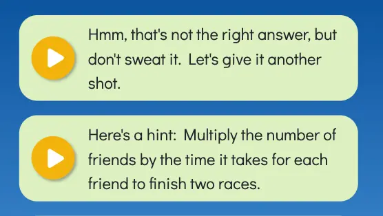 Screenshot showing Choice Math feedback, including a hint to nudge the student in the right direction.