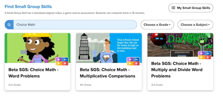 Screenshot showing three Beta Choice Math Small Group Skills lessons spanning 2nd-4th grade.