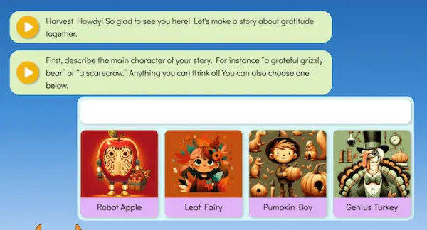 Screenshot of a gratitude-themed Choice Texts story builder
