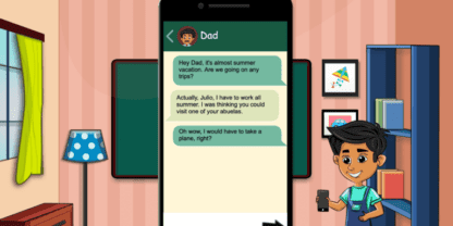 A screenshot of one of eSpark's 5th grade reading games featuring a text exchange between a child and his father.