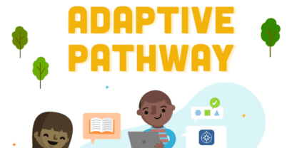 A screenshot of an infographic featuring the title "Adaptive Pathway" and two illustrated students working on laptops.