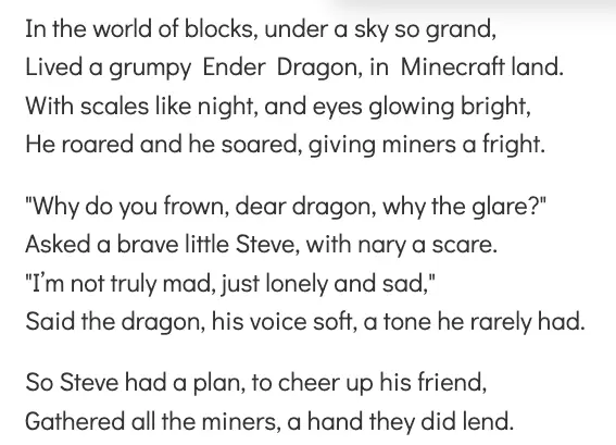 Screenshot of a Choice Texts poem about the Ender Dragon of Minecraft lore.